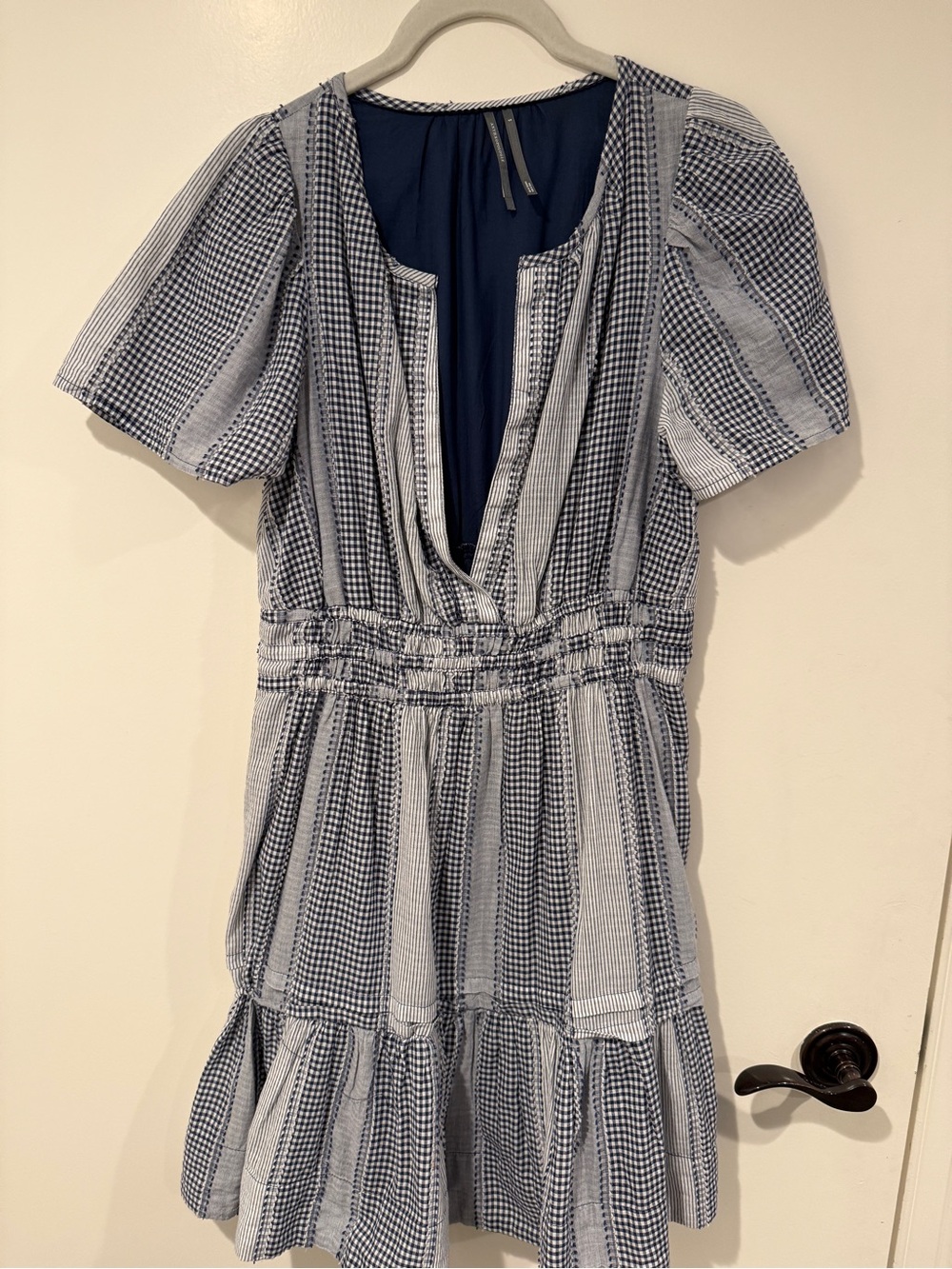Blue Gingham Short Sleeve V-Neck Dress by Anthropologie